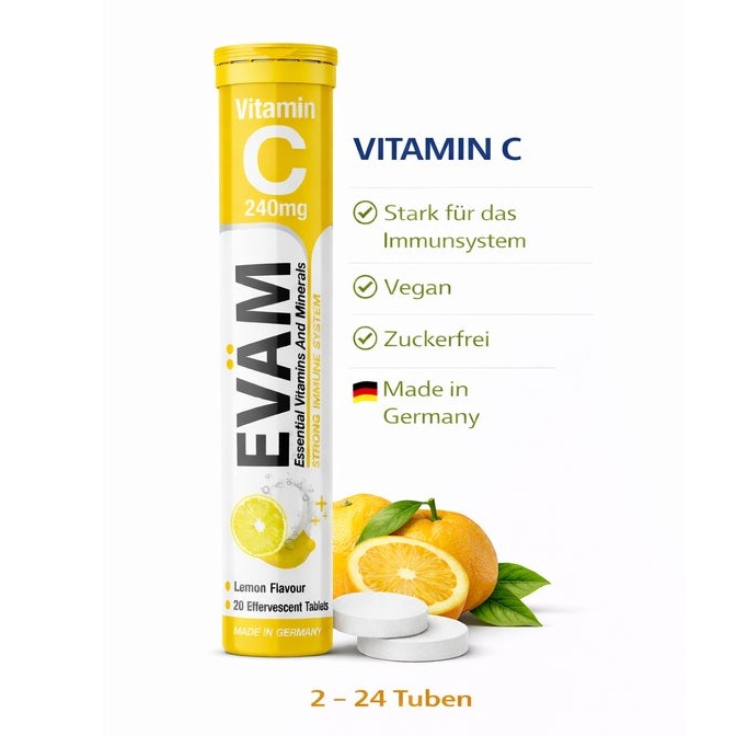 قرص جوشان ویتامین C 1000 میلی‌گرم پریمیوم EVÄM، طعم پرتقال